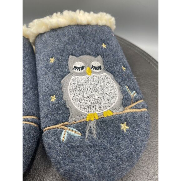 Lands End Womens 7 B Scuff Slippers Owls Felt Slip On Slides Clog Navy Sherpa - Picture 3 of 7